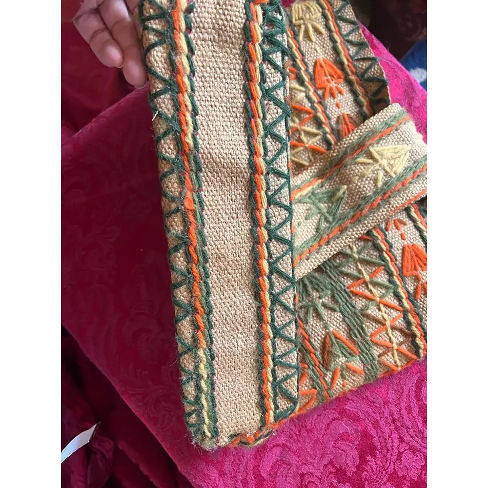 Vintage Embroidered Burlap Tote Bag Boho Folk Art Jute Hippie Festival Purse